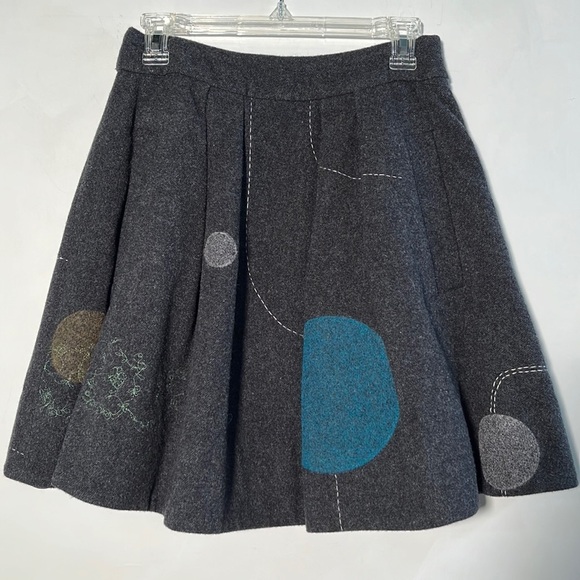 Lithe Dresses & Skirts - LITHE Coquette Girl Artsy Wool Charcoal Mini Skirt Circle & Floral Embroidery 2